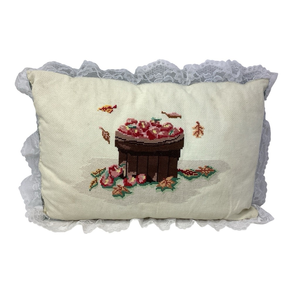 Vtg Needlepoint Handmade Pillow Apples in basket Fall cottage-core Lace 16"x10"